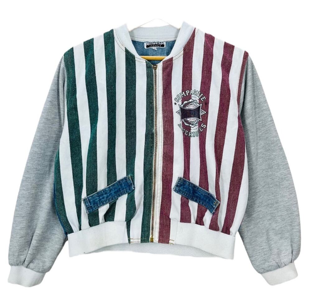 NWT Vintage 90s Contempo Casuals Colorblock Striped Denim Bommer Jacket medium